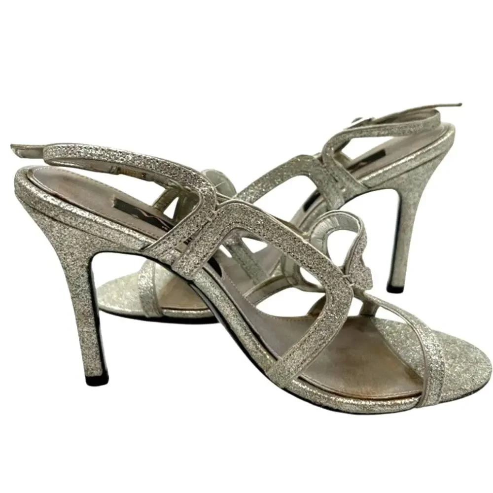 Nina Silver Glitter Strappy Unilora Heels Size 6.5 Glam Evening Slingback Y2K